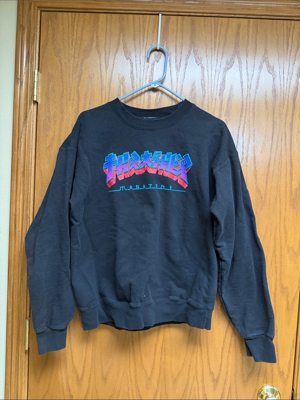 Thrasher Black Crewneck with Blue and Pink Logo